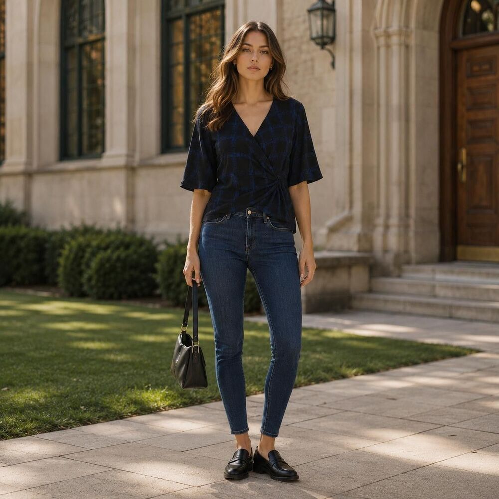HUGO BOSS Women's Top Blouse Wrap Plaid MEDIUM Stretch Blue Black